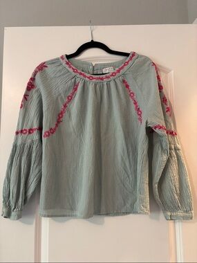 Hayden Los Angeles- Mint Green Blouse S with Pink Floral Embroidery